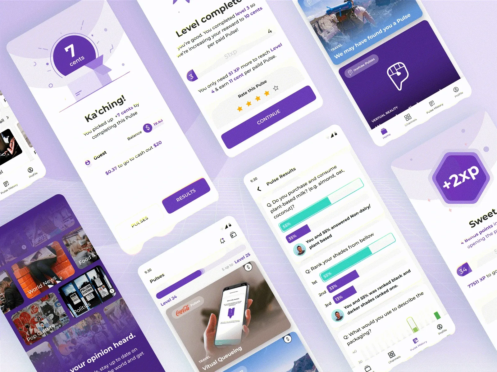A set of OnePulse survey screens — a completed pulse, its results, and the rewards a respondent earns.